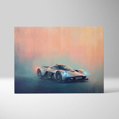 Aston Martin Valkyrie AMR Pro inspired sleek silver sports car with glowing blue headlights on track edition canvas print