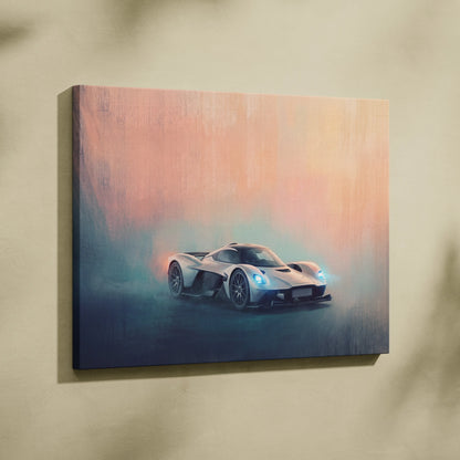 A sleek white aston martin valkyrie amr pro inspired sports car wall art on canvas with glowing blue headlights