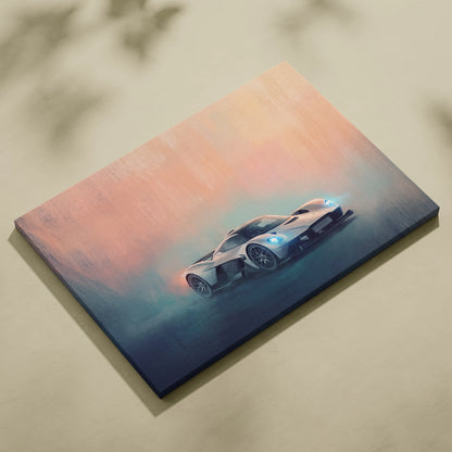 A sleek silver aston martin valkyrie amr pro inspired sports car with glowing blue headlights on canvas wall art