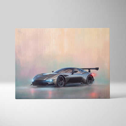 Aston Martin Valkyrie inspired supercar canvas art featuring a matte black race car with rear wing and blue headlights