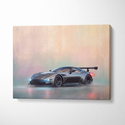 Aston Martin vantage gt3 matte black race car on misty canvas art print inspired by Aston Martin Valkyrie supercar