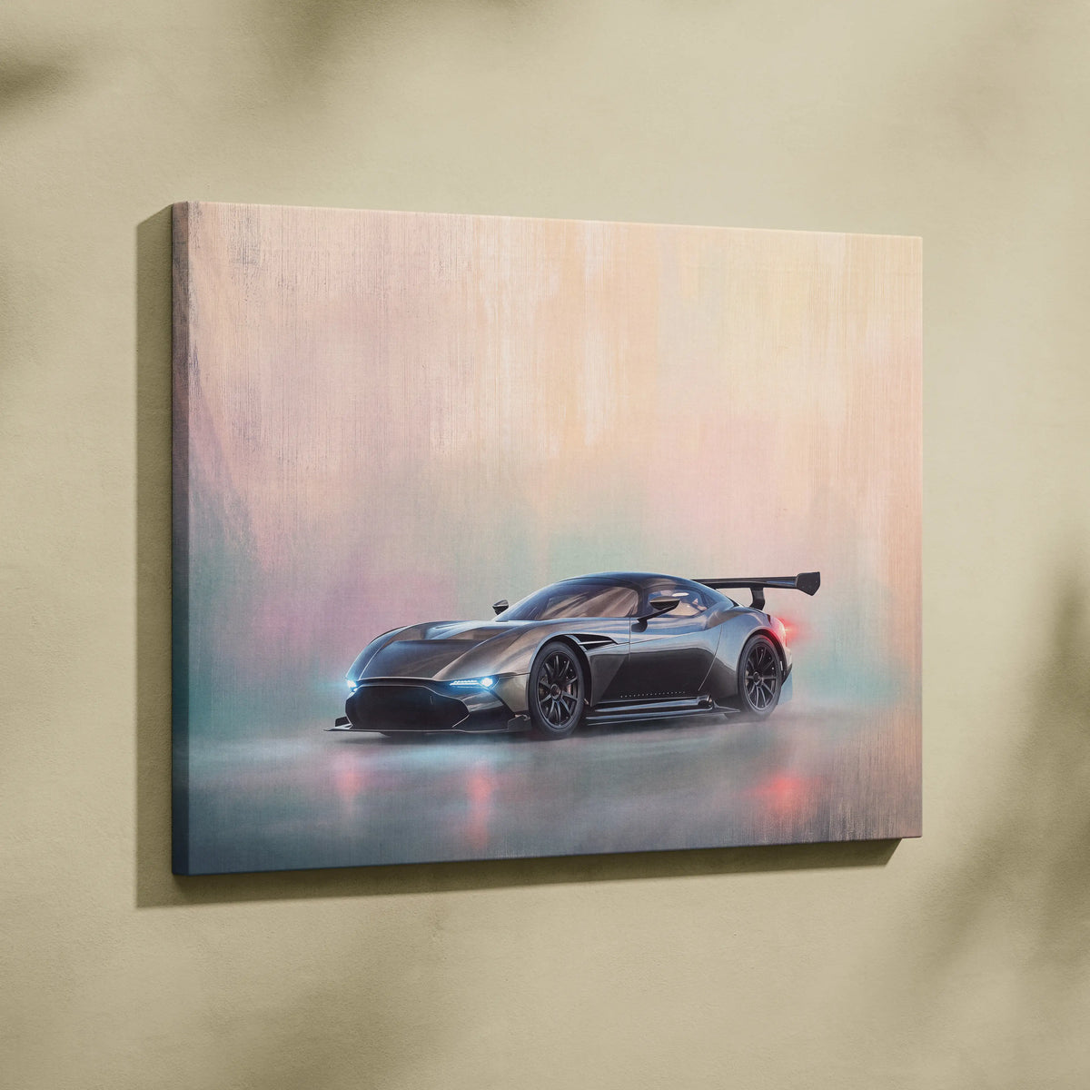 Black aston martin v12 vanquish speedster canvas art with glowing blue headlights on pastel misty background wall print