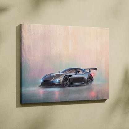 Black aston martin v12 vanquish speedster canvas art with glowing blue headlights on pastel misty background wall print