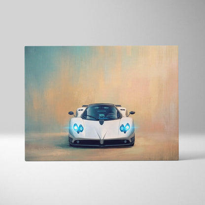 White Pagani Huayra hypercar with glowing blue headlights in stylized painterly artwork on custom car wall art print