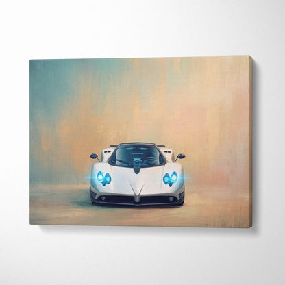White pagani huayra hypercar with glowing blue headlights on canvas painting for custom car wall art print