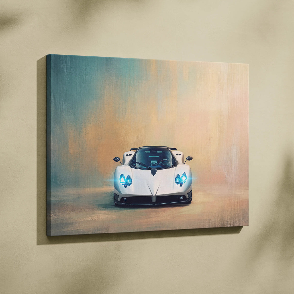 White pagani huayra hypercar painting with glowing blue headlights on canvas wall hanging for custom car decor