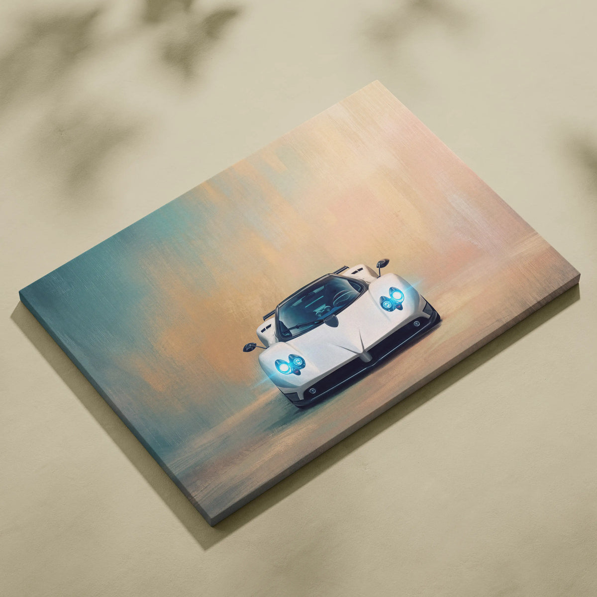 White Pagani Zonda inspired supercar canvas art print with glowing blue headlights and sleek aerodynamic design