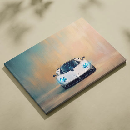 White Pagani Zonda inspired supercar canvas art print with glowing blue headlights and sleek aerodynamic design