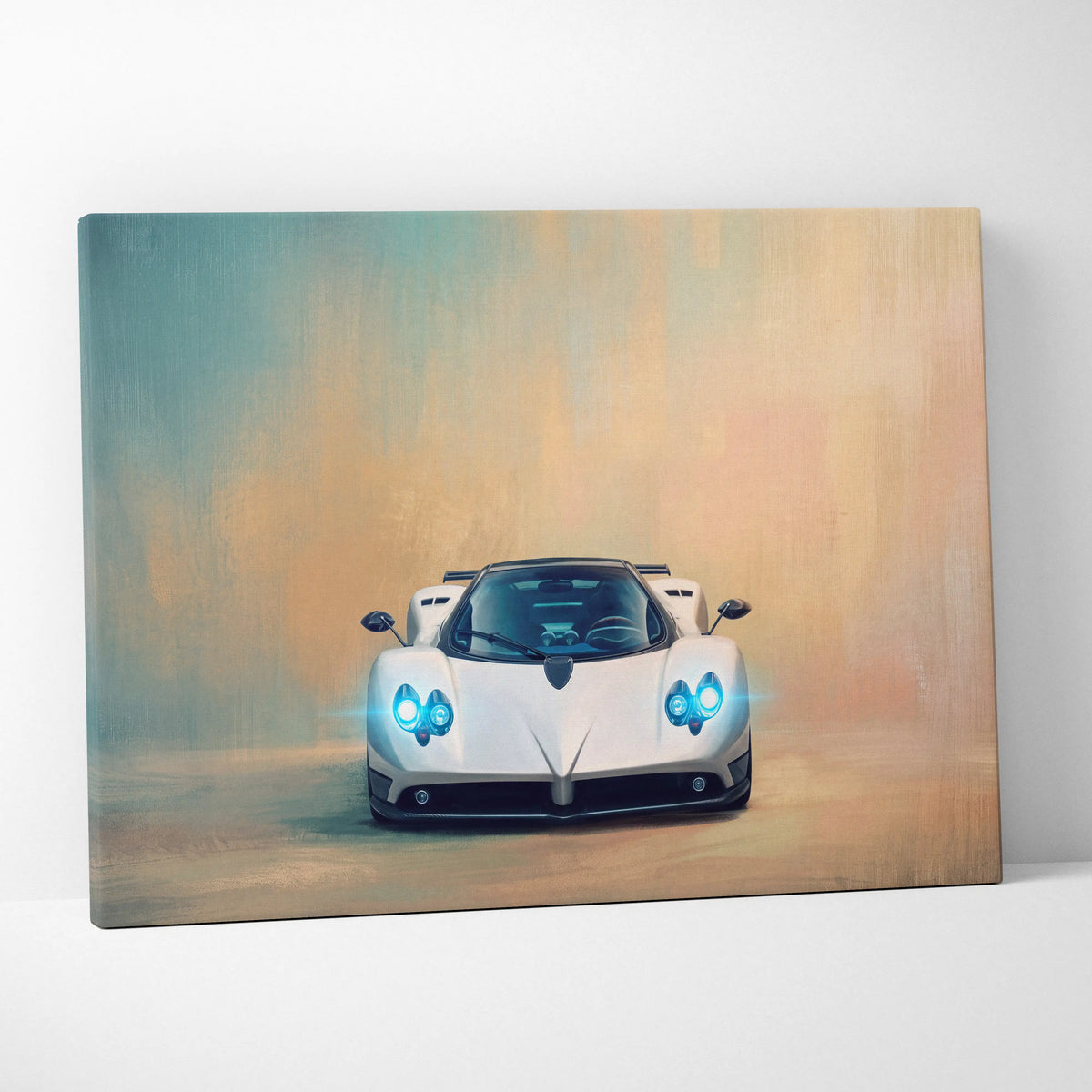 Pagani zonda inspired supercar canvas art featuring a white sports car painting with glowing blue headlights