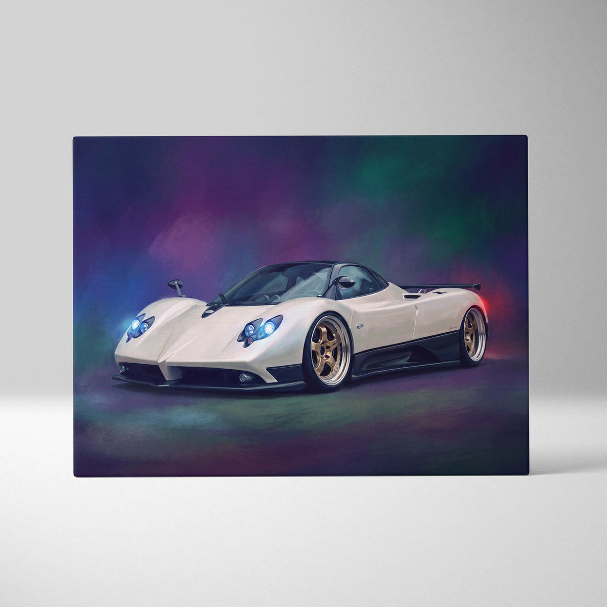 Cream-colored Pagani Zonda inspired luxury supercar wall art with gold rims and black accents digital canvas print