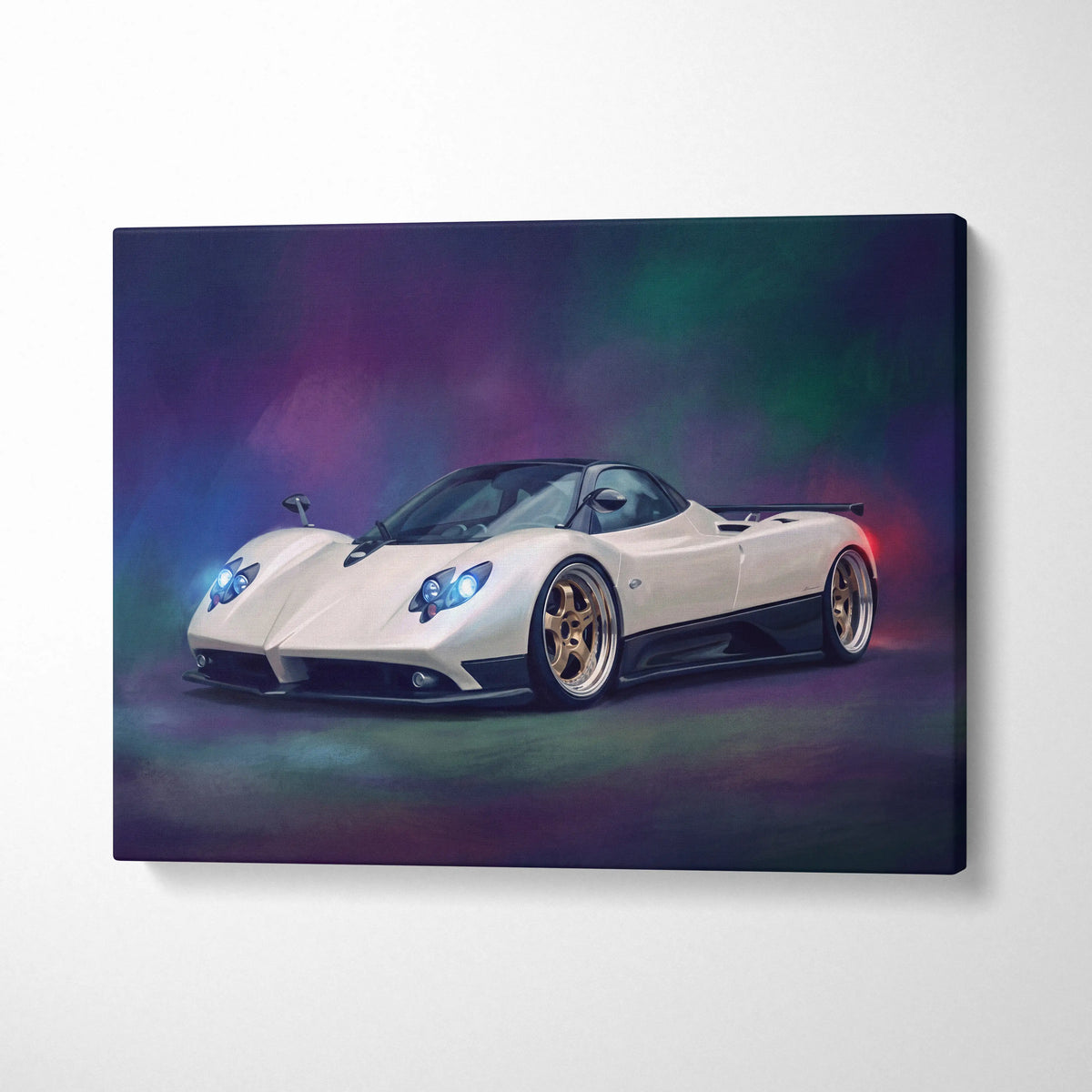 Cream-colored canvas print of a luxury Pagani Zonda inspired sports car with glowing blue headlights and gold-rimmed wheels