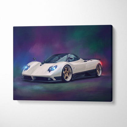 Cream-colored canvas print of a luxury Pagani Zonda inspired sports car with glowing blue headlights and gold-rimmed wheels