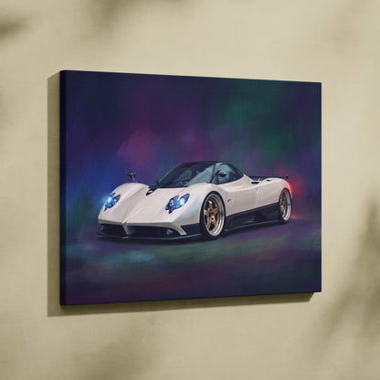 White Pagani Zonda inspired automotive wall art canvas print with glowing blue headlights and gold rims