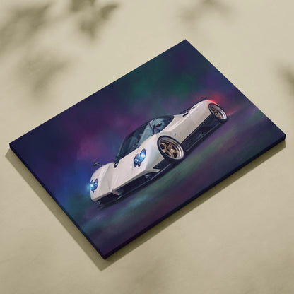 Pagani zonda inspired automotive wall art canvas print featuring white pagani huayra with glowing blue headlights and gold rims