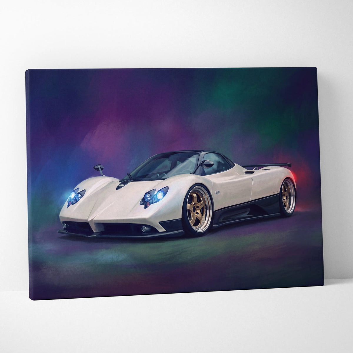Cream-colored canvas print of a pagani zonda inspired sports car with glowing blue headlights and gold-rimmed wheels