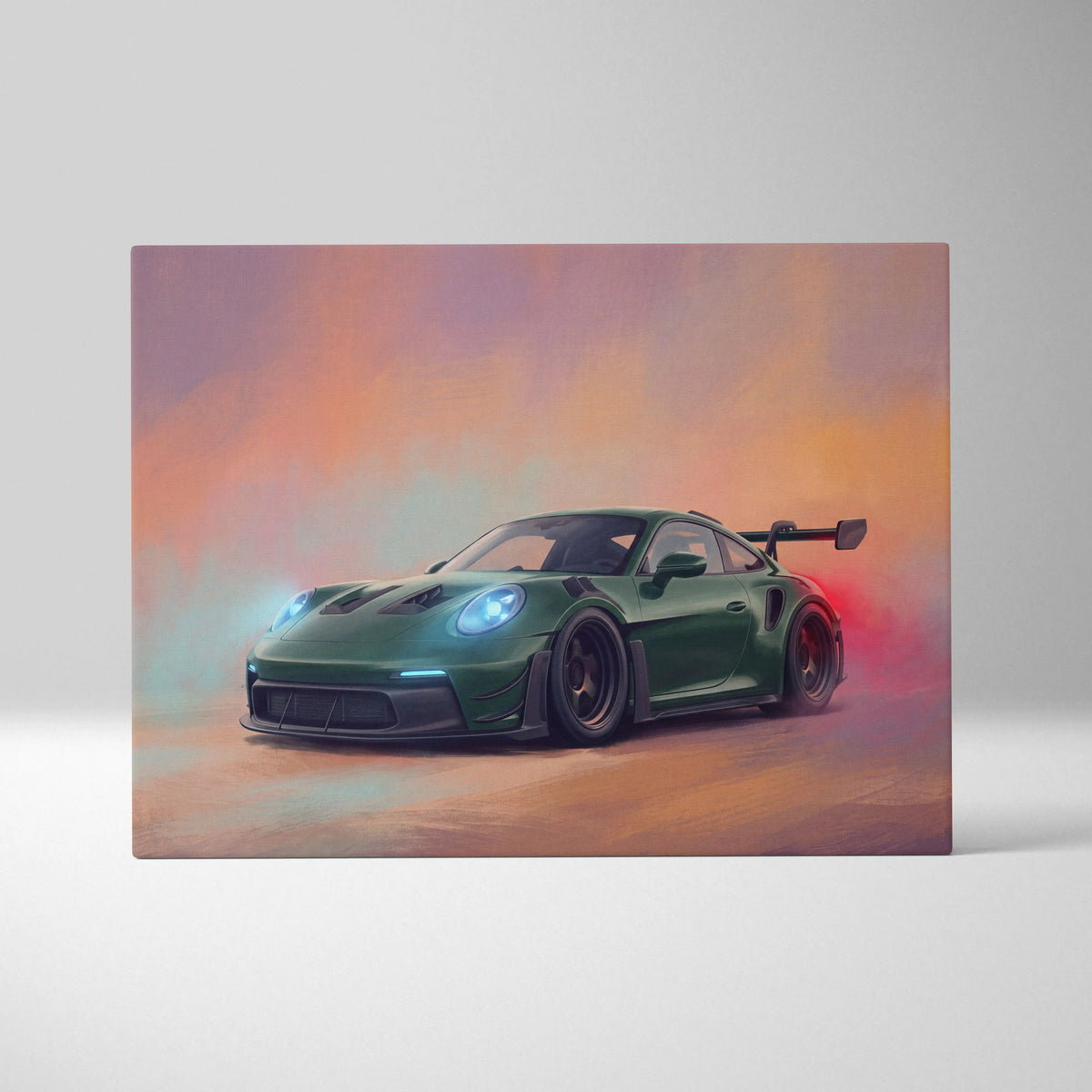 Green porsche 911 gt3 rs inspired supercar canvas art featuring glowing blue headlights and rear spoiler in painting style