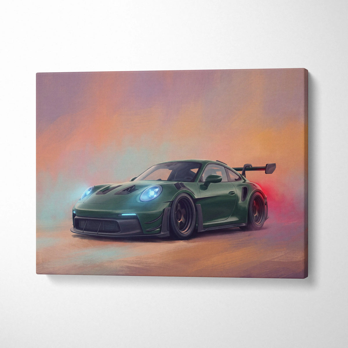 Green Porsche 911 GT3 RS inspired supercar canvas art print featuring glowing blue headlights and rear spoiler