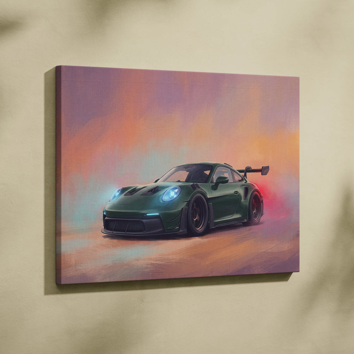 A vibrant canvas print of a dark green Porsche 911 GT3 RS with glowing blue headlights and rear wing for car wall art