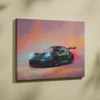 A vibrant canvas print of a dark green Porsche 911 GT3 RS with glowing blue headlights and rear wing for car wall art