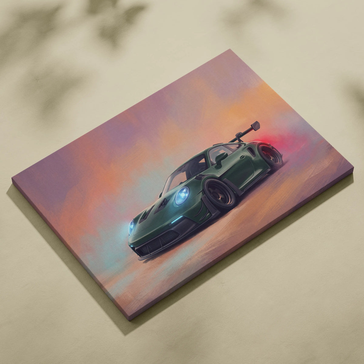 A vibrant canvas print of a dark green Porsche 911 GT3 RS inspired sports car against a dynamic sunset sky
