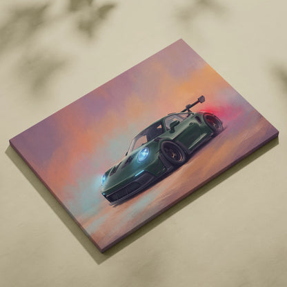 A vibrant canvas print of a dark green Porsche 911 GT3 RS inspired sports car against a dynamic sunset sky