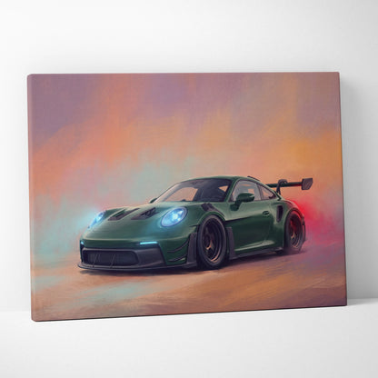 Green porsche 911 gt3 rs inspired supercar canvas art print with glowing blue headlights and rear spoiler at sunset