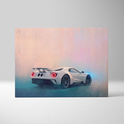 White ford gt luxury supercar canvas print with glowing red taillights and sleek aerodynamic design wall art