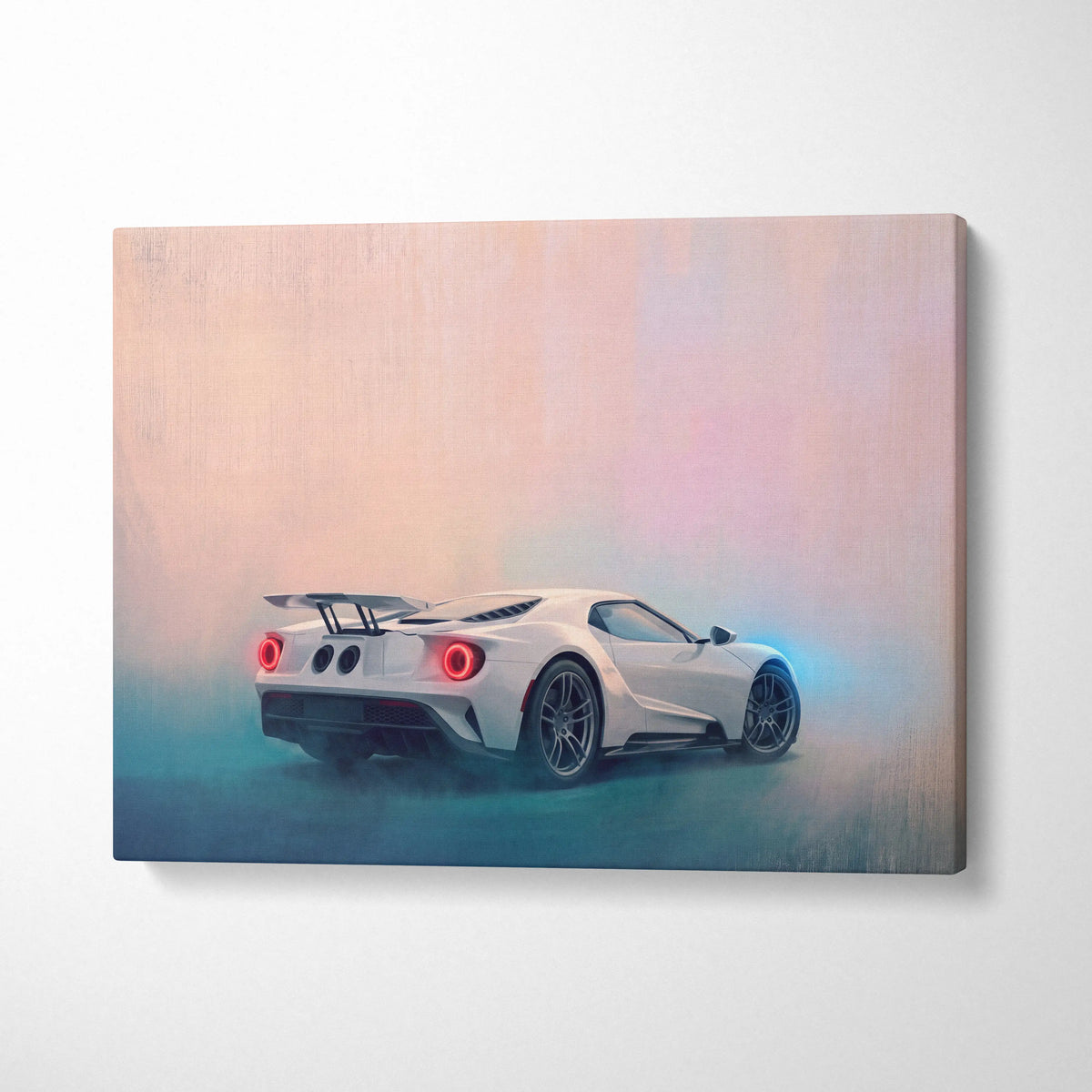 White ford gt sports car canvas print with glowing red taillights and sleek aerodynamic design wall art