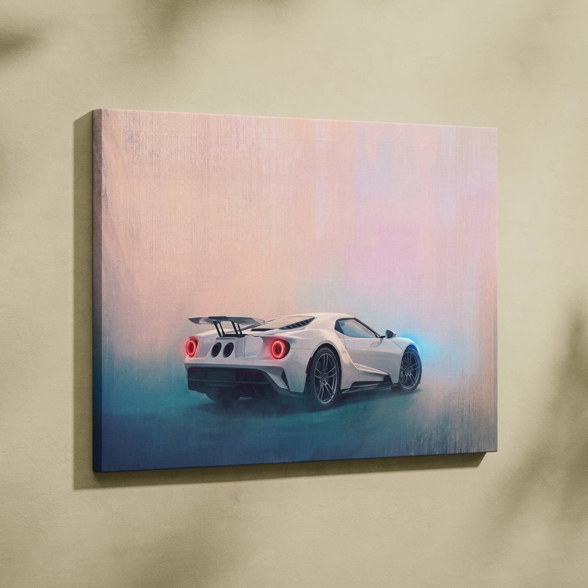 White ford gt sports car canvas print with glowing red taillights and sleek aerodynamic design on pink to blue background