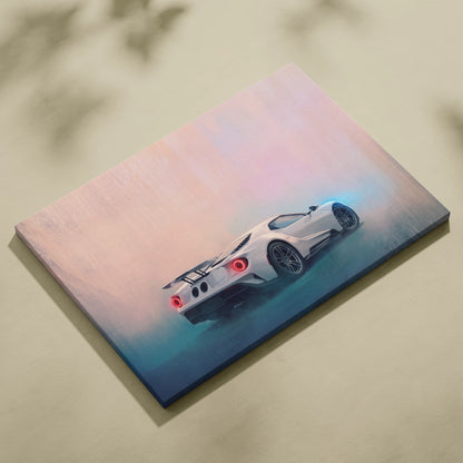 A sleek white Ford GT sports car canvas print with glowing red taillights against a gradient sky background