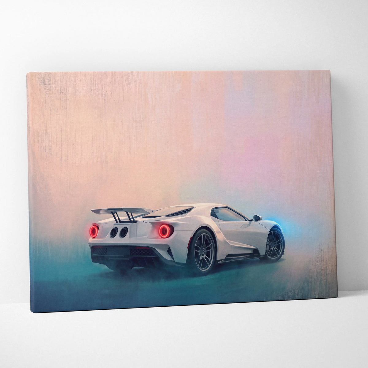 White ford gt inspired automotive wall art canvas print featuring a sleek sports car with glowing red taillights