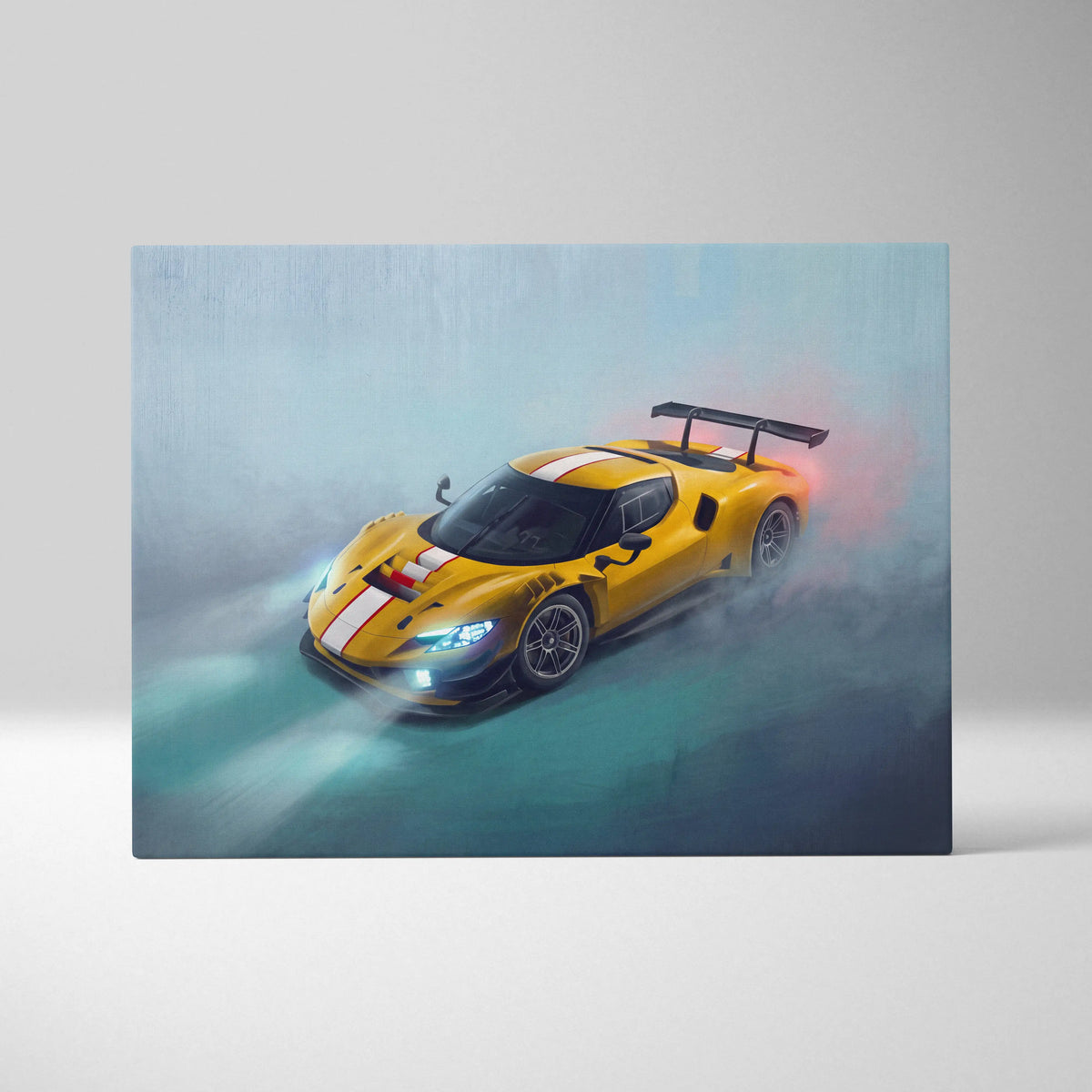 Ferrari 296 GT3 inspired car wall art featuring a vibrant yellow race car with white racing stripes on canvas print