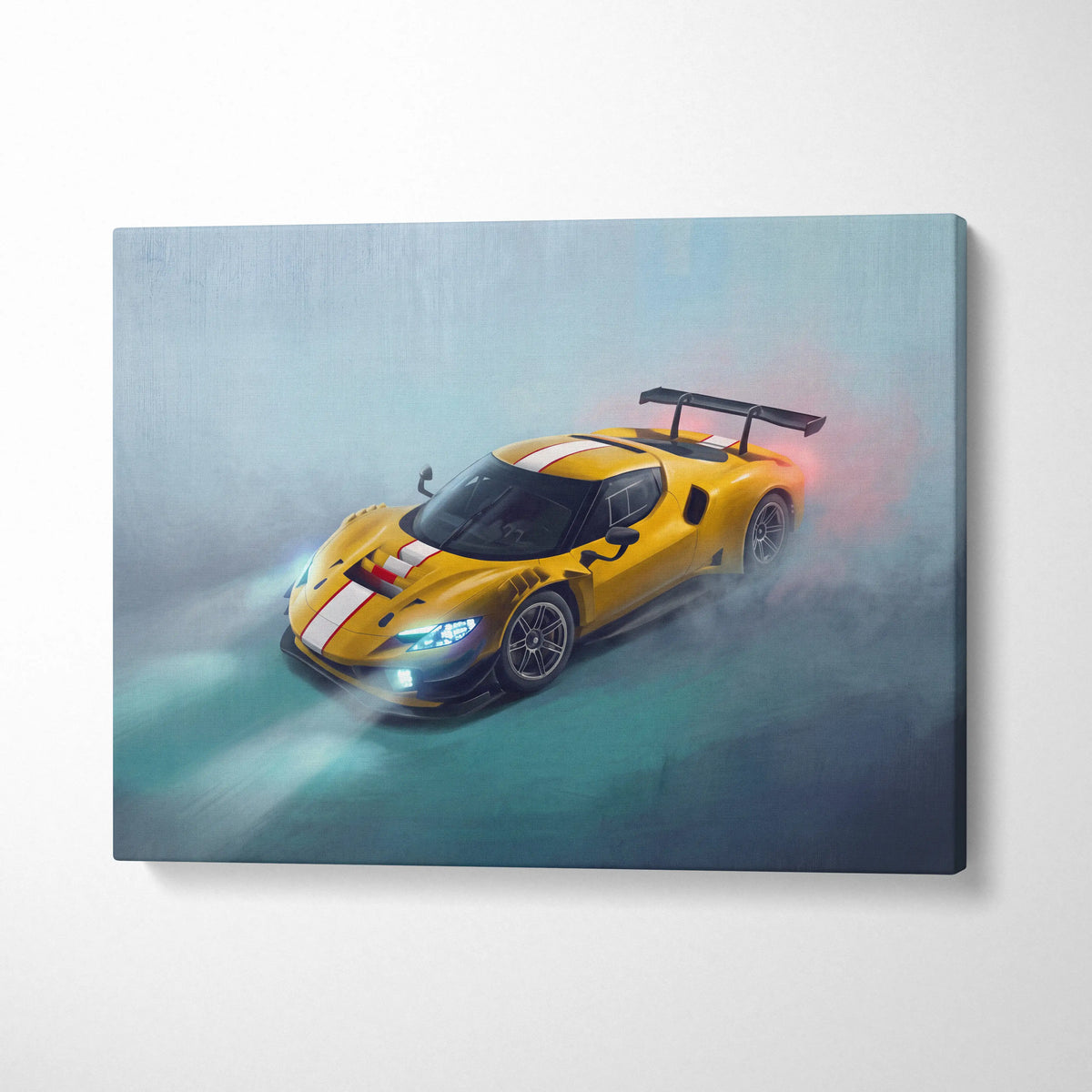 Ferrari 296 gt3 inspired car wall art featuring a vibrant yellow race car with white stripes on canvas print