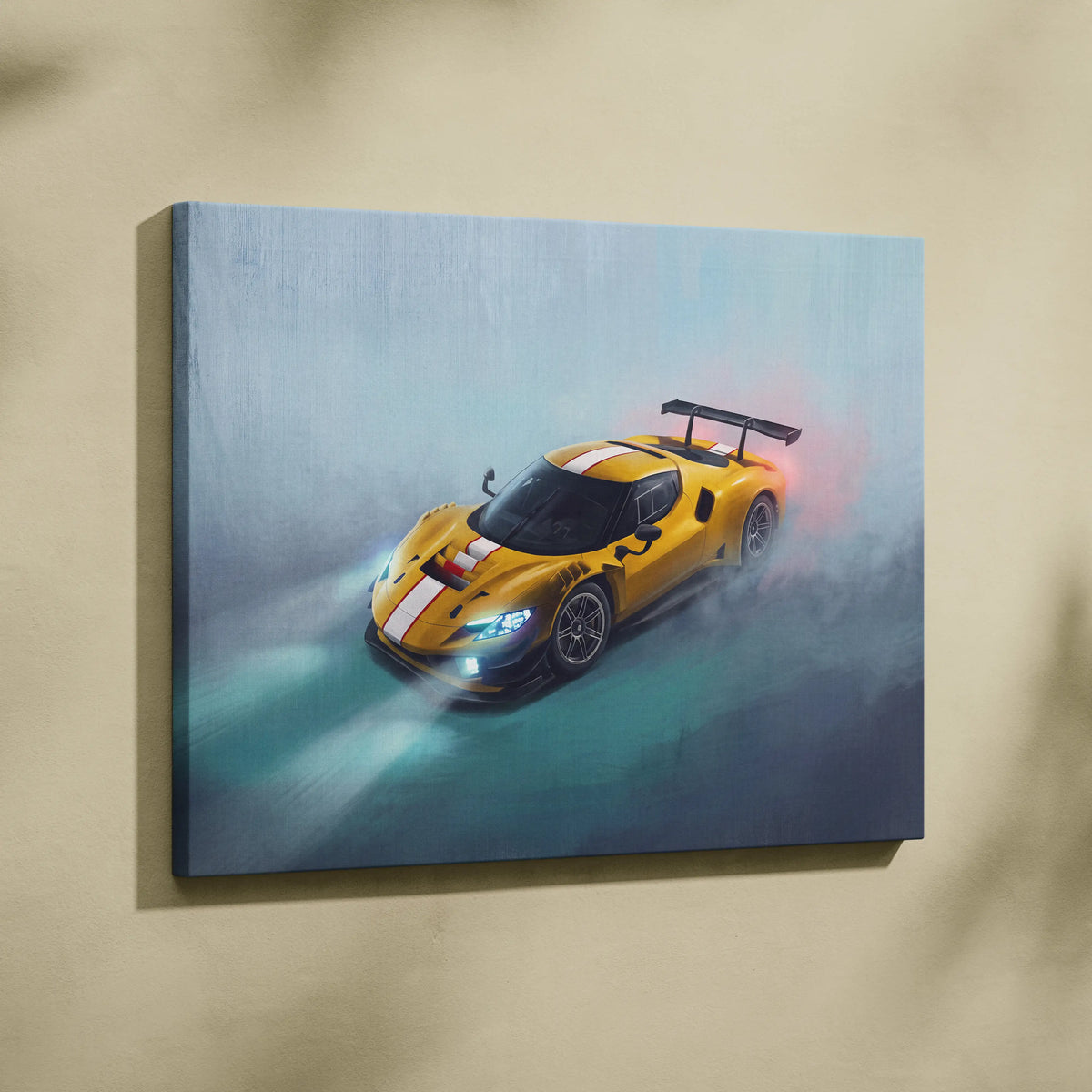 Ferrari 296 GT3 inspired track edition canvas painting print of a vibrant yellow race car with white stripes and black spoiler