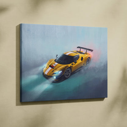 Ferrari 296 GT3 inspired track edition canvas painting print of a vibrant yellow race car with white stripes and black spoiler