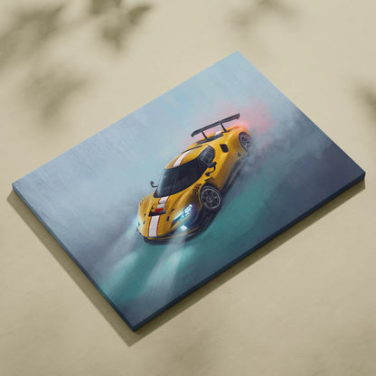 Ferrari 296 gt3 inspired car wall art canvas print featuring a vibrant yellow race car with white racing stripes and glowing headlights