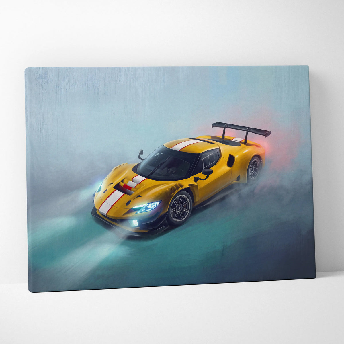 Ferrari 296 gt3 inspired car wall art featuring a vibrant yellow race car with white stripes on canvas print