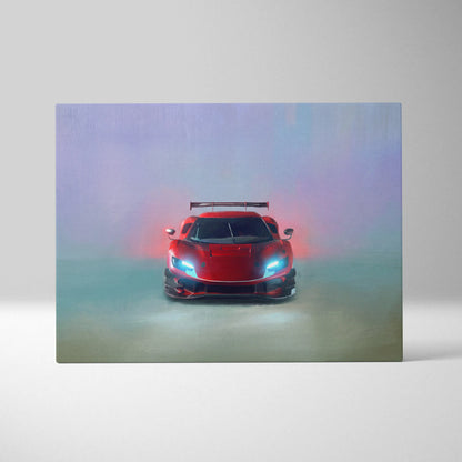 Ferrari 296 gt3 evo inspired car wall art featuring a red sports car with glowing blue headlights on canvas print