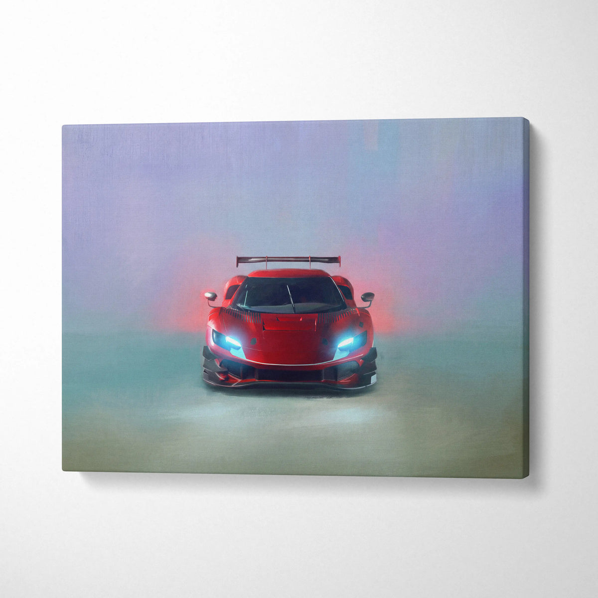 Ferrari 296 gt3 evo inspired red sports car canvas print with glowing blue headlights and rear spoiler wall art