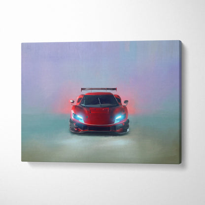Ferrari 296 gt3 evo inspired red sports car canvas print with glowing blue headlights and rear spoiler wall art