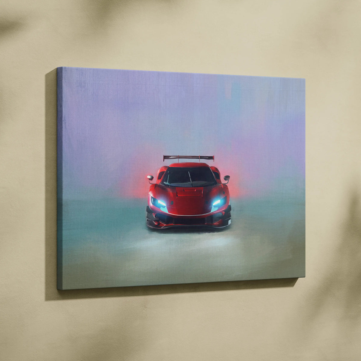 Ferrari 296 gt3 evo inspired vibrant red sports car with glowing blue headlights on track edition canvas painting print