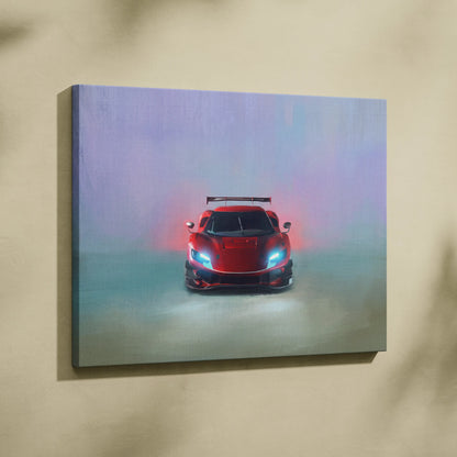 Ferrari 296 gt3 evo inspired vibrant red sports car with glowing blue headlights on track edition canvas painting print