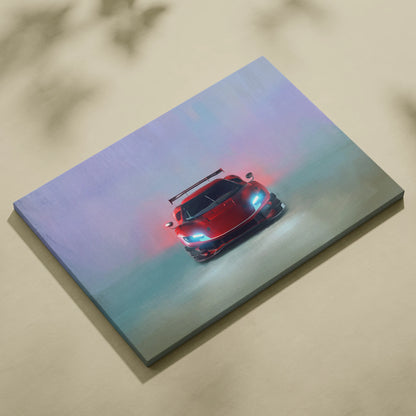 Ferrari 296 gt3 evo inspired red sports car wall art canvas painting with glowing blue headlights and aerodynamic design