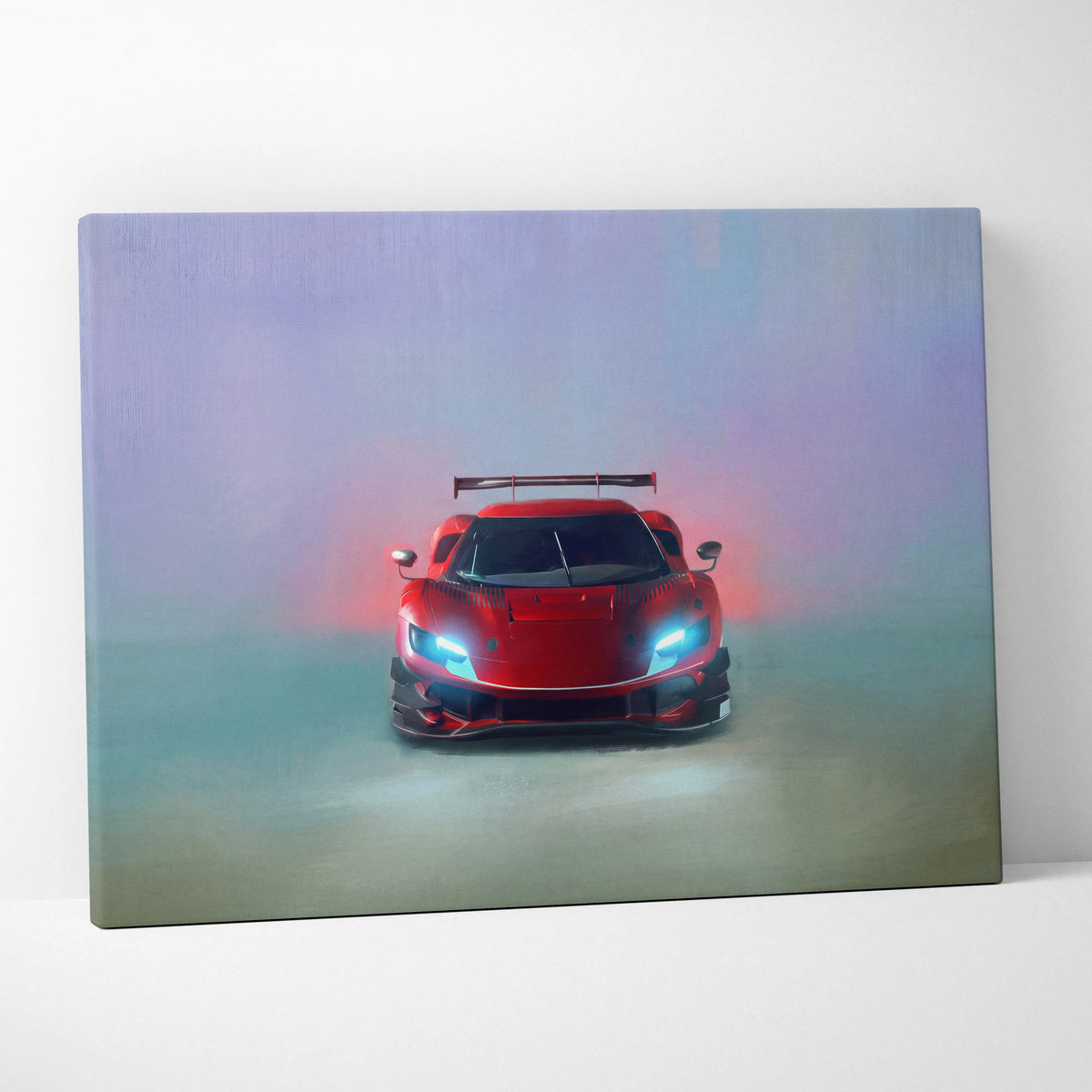 Ferrari 296 gt3 evo inspired red racing car canvas print with glowing blue headlights and sleek aerodynamic design