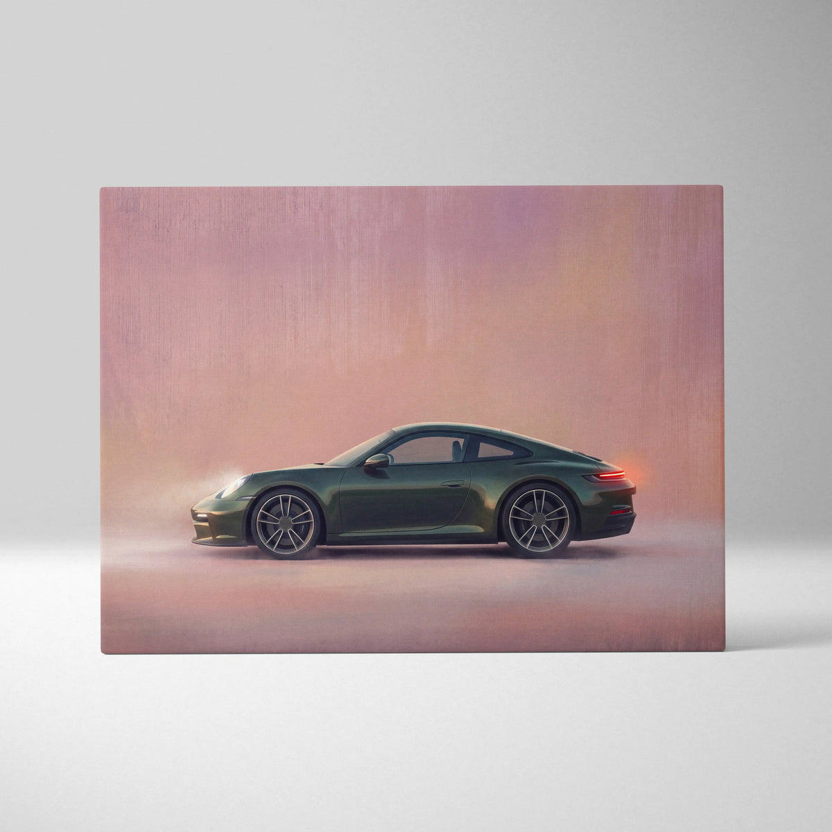 Porsche 911 inspired supercar canvas art print featuring a sleek dark green porsche 911 with glowing red taillights