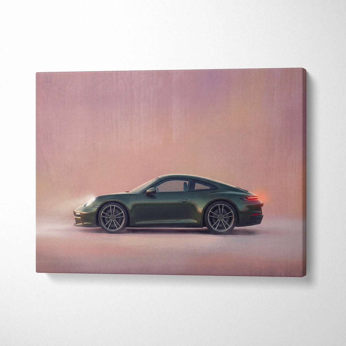 Porsche 911 inspired supercar canvas art featuring a sleek dark green car side profile with glowing red taillights on soft gradient background