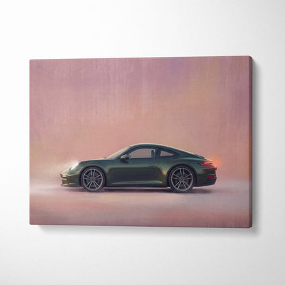 Porsche 911 inspired supercar canvas art featuring a sleek dark green car side profile with glowing red taillights on soft gradient background