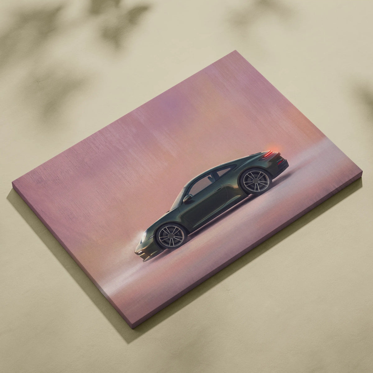 Porsche 911 inspired supercar canvas art print featuring a sleek dark green sports car against a sunset backdrop