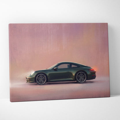 A sleek dark green Porsche 911 side profile canvas print with a soft pink and orange gradient background for wall art