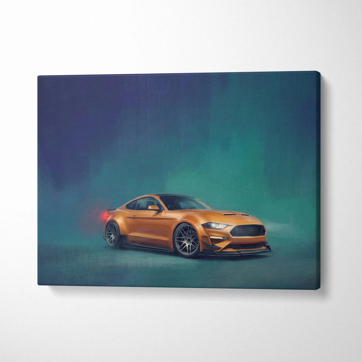 Orange ford mustang gt inspired car wall art canvas print with sleek design black rims and aggressive front grille for office decor